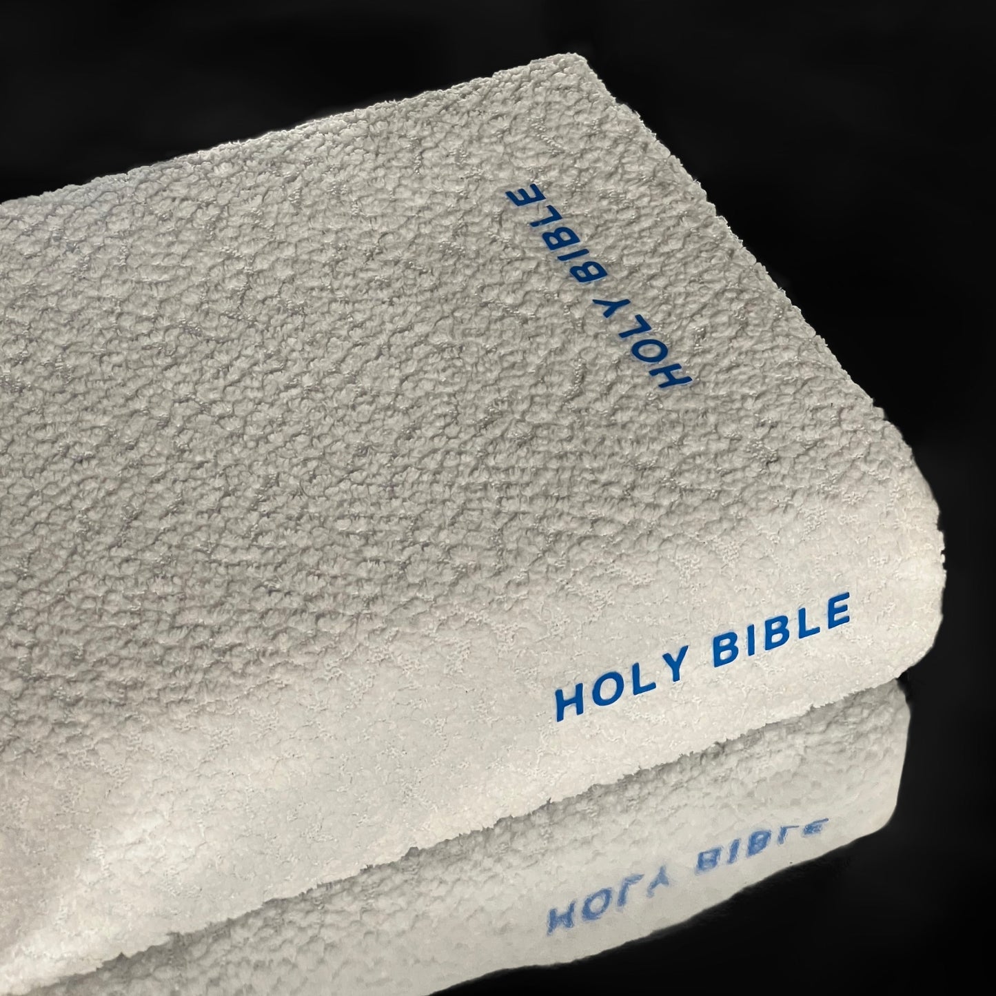 kainos studios white boucle bible cover with blue text