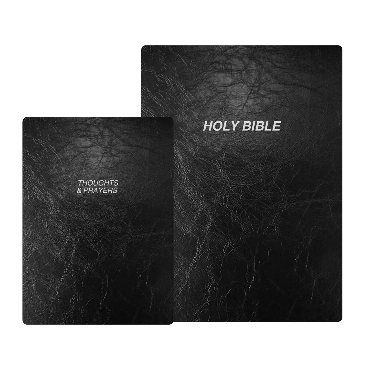 Glossy Black Leather Bible Cover with “Holy Bible” & Journal “Thoughts & Prayers” Embossed Text