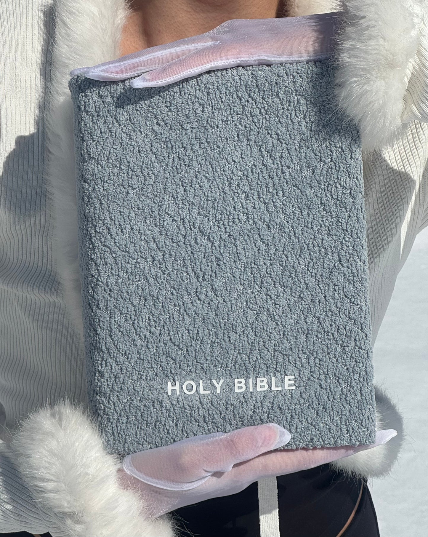 WHITE ICY BLUE BOUCLÉ BIBLE COVER
