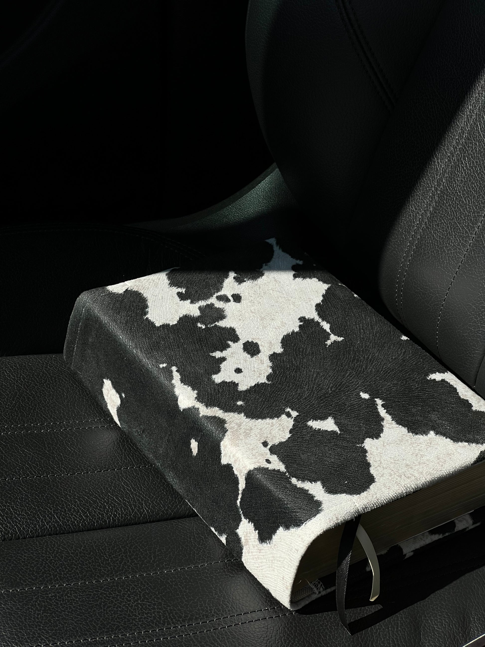 Kainos Bare Black Cow Print Bible Cover sitting in car