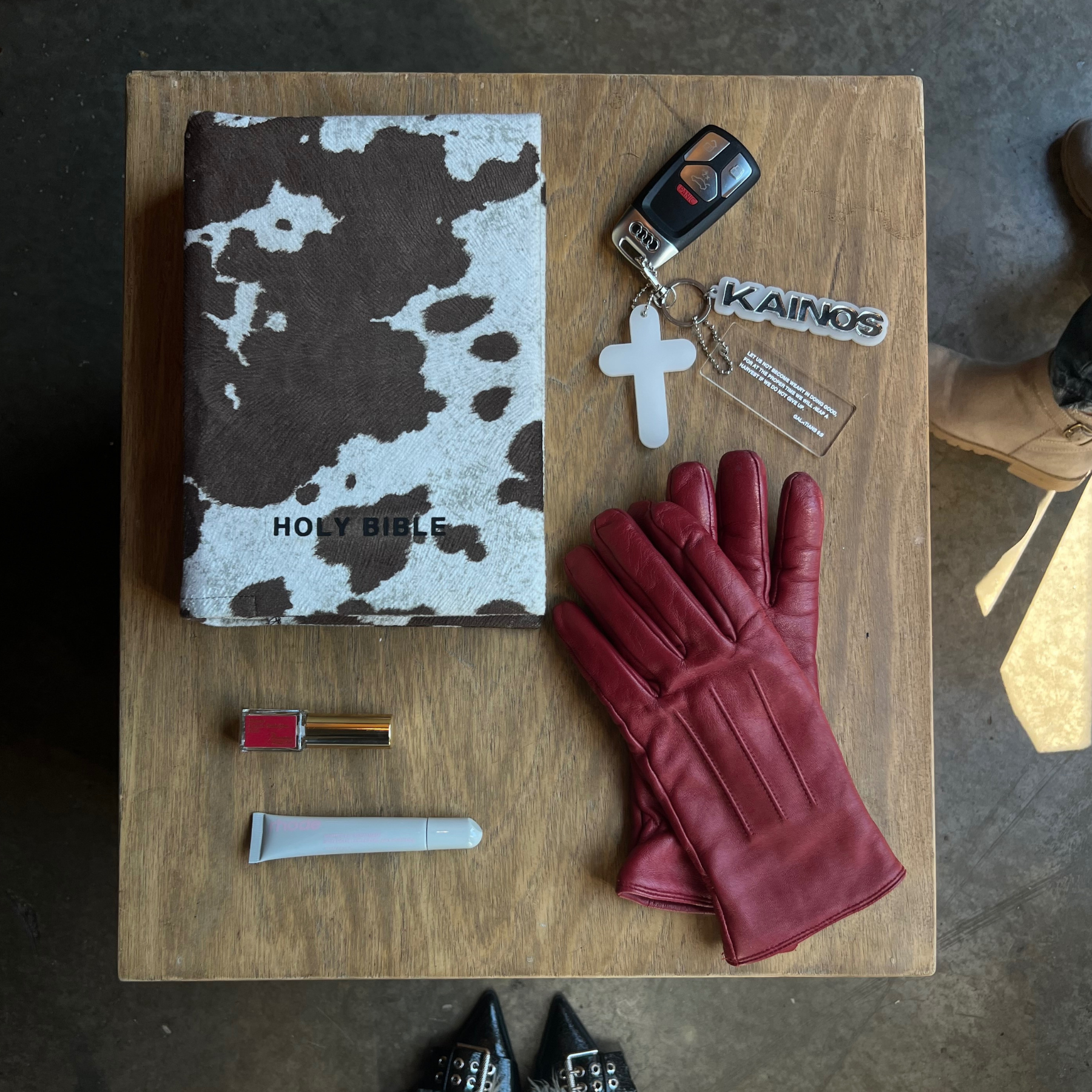Kainos Brown Cow Print Bible Cover Layout with Accessories