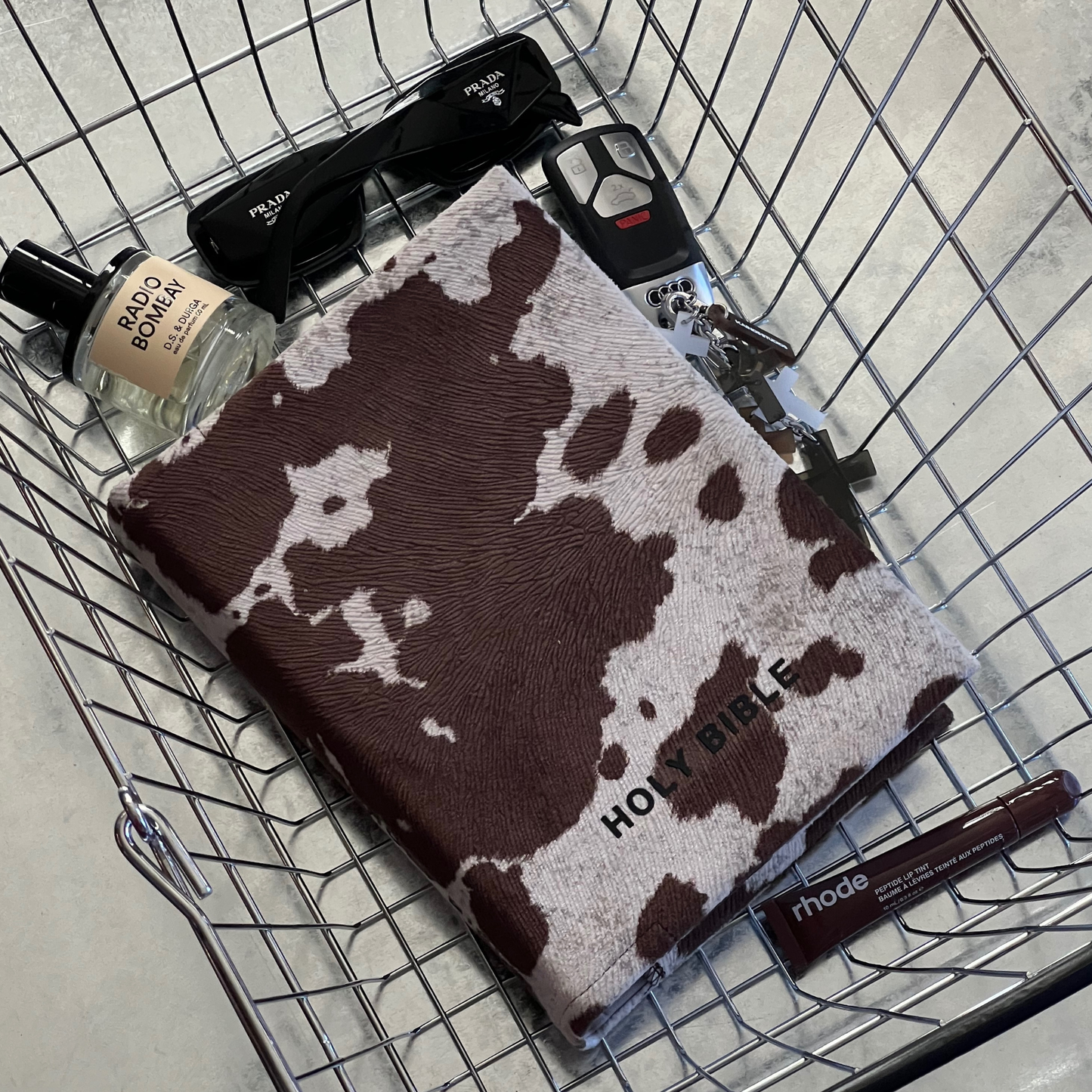Kainos Brown Cow Print Bible Cover in Basket with Accessories 