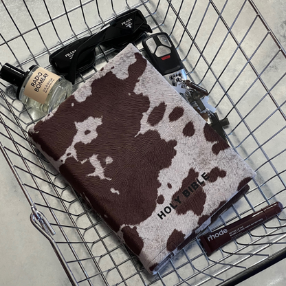 Kainos Brown Cow Print Bible Cover in Basket with Accessories 