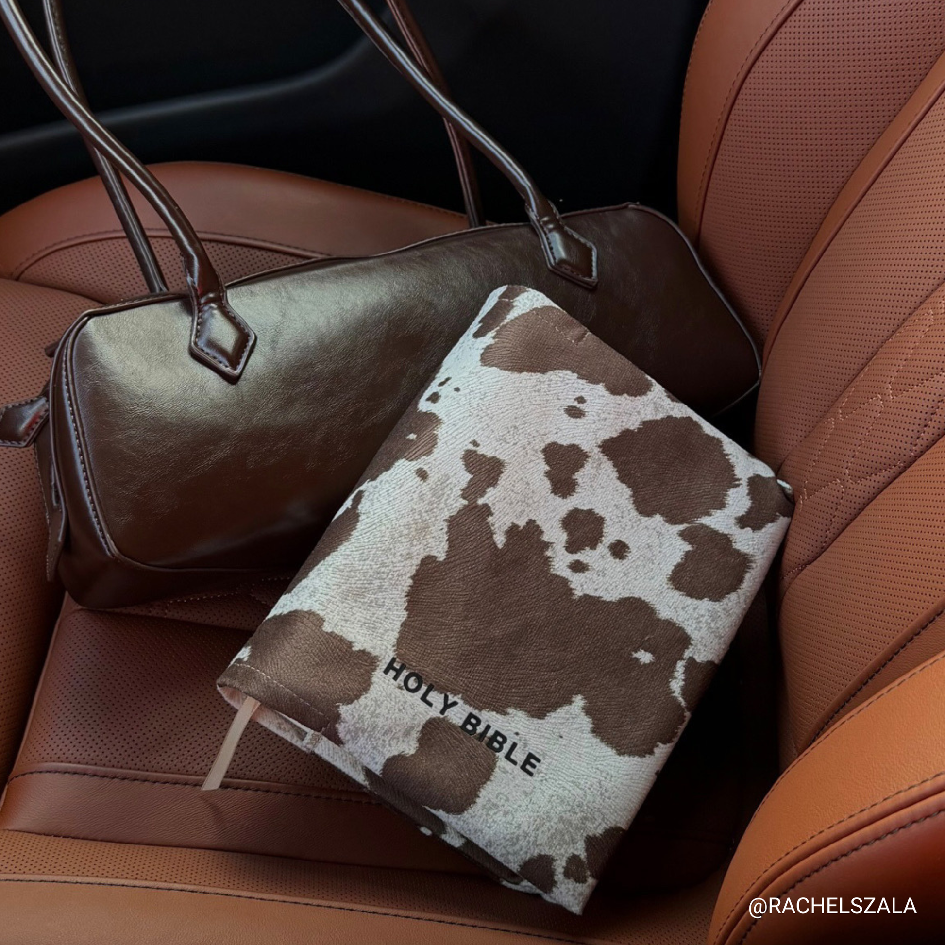 rachel with our kainos brown cow print bible cover