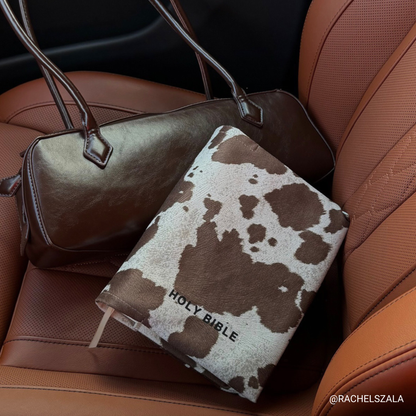 rachel with our kainos brown cow print bible cover